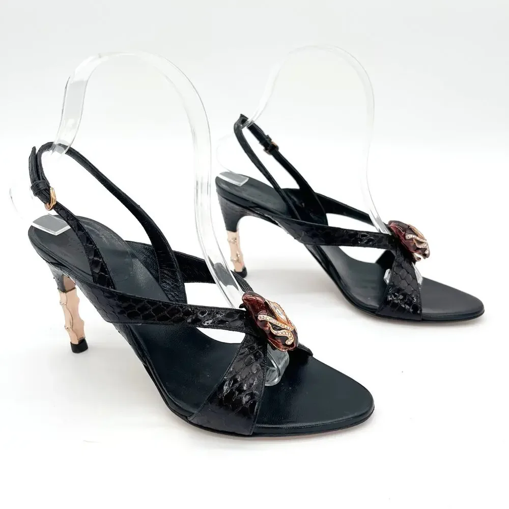Gucci 2004 Tom Ford Black Python Snakeskin Serpent Head Bamboo Heel Sandals US 6 - Picture 2 of 15